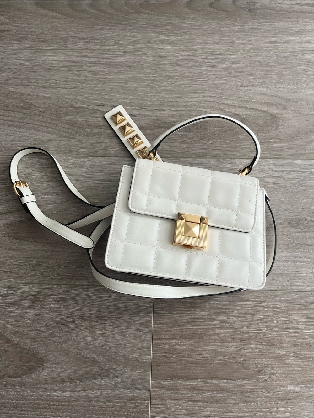 White Quilted Top-Handle Crossbody Bag with Gold Accent